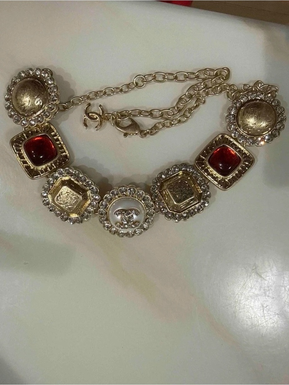 CHANEL Statement Necklace with Red Stone Accents